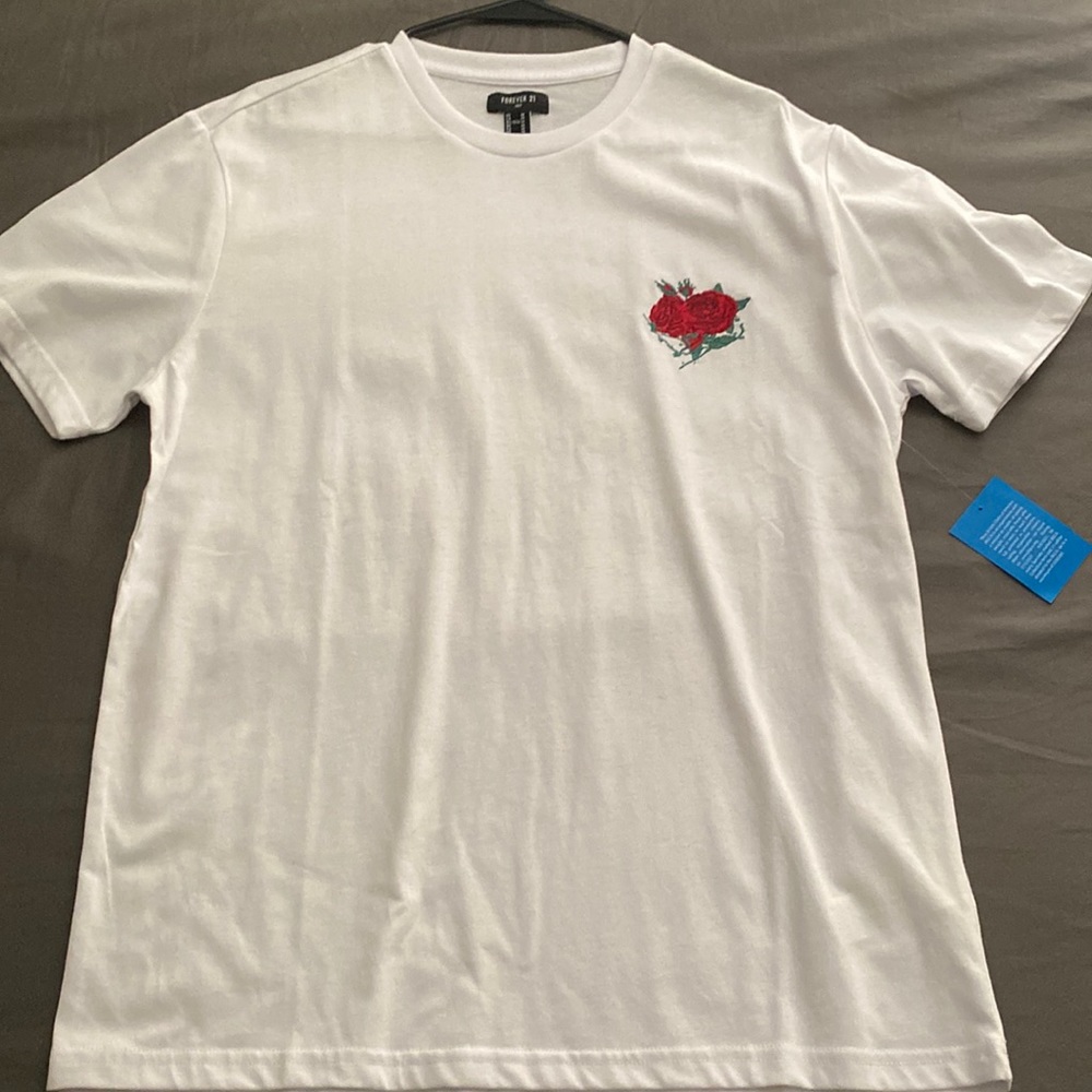 white tee with red rose design on front side